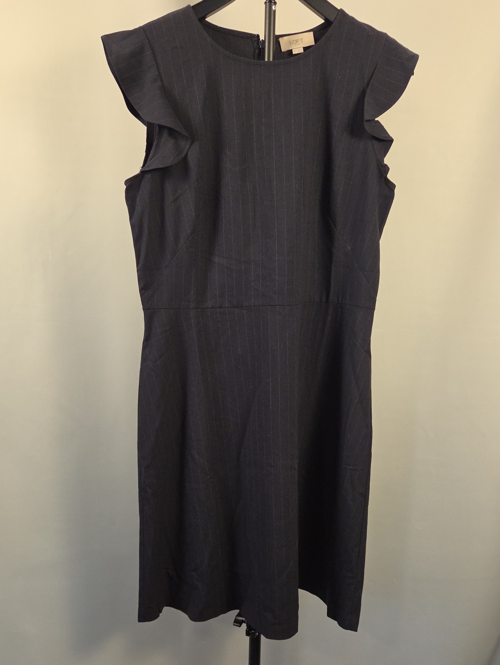 LOFT Navy Pinstripe Ruffle-Shoulder Midi Dress